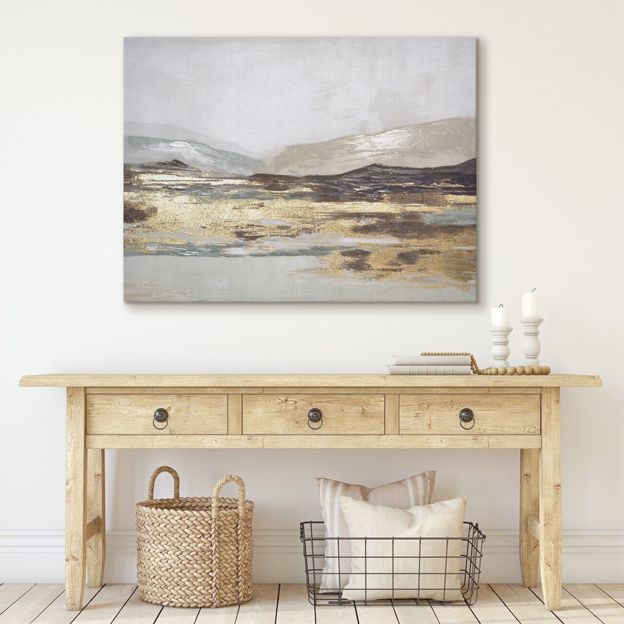 Americanflat Canvas Wall Art Featuring Beige, Brown, Blue and White Tones with Hand-Painted Accents and Gold Foil - Gallery Wrap - Landscape Wall Art